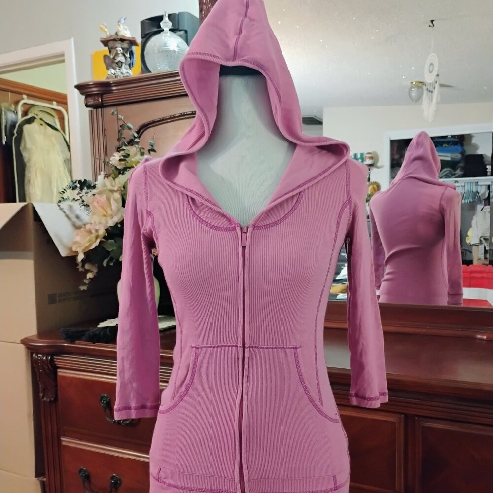 Pink 3/4 Sleeve Zip Down Jacket with Hoodie